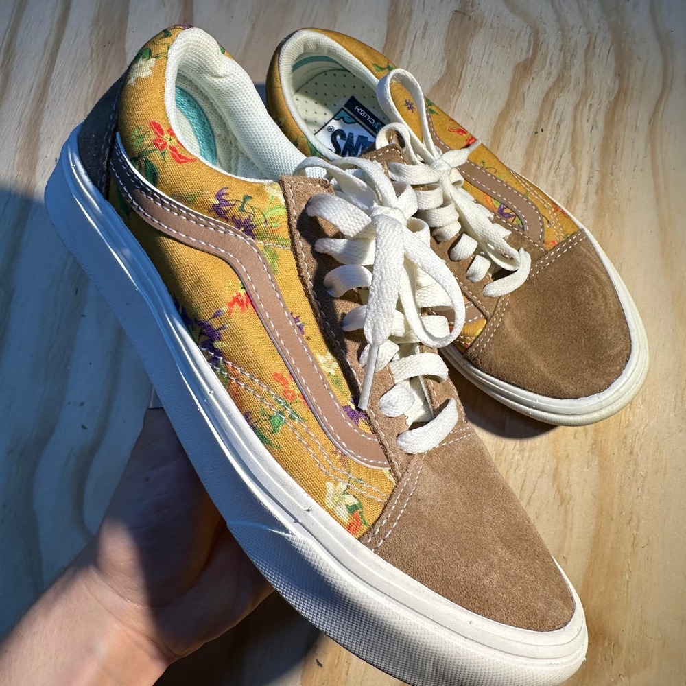 Vans ComfyCush Old Skool Floral Gold Brown Suede Sneakers Women 6 Men 4.5
